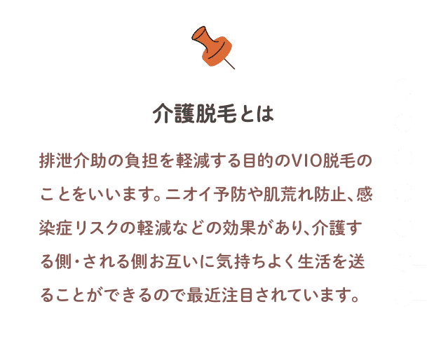 介護脱毛とは　排泄介助の負担を軽減する目的のVIO脱毛のことをいいます。ニオイ予防や肌荒れ防止、感染症リスクの軽減などの効果があり、介護する側・される側お互いに気持ちよく生活を送ることができるので最近注目されています。
